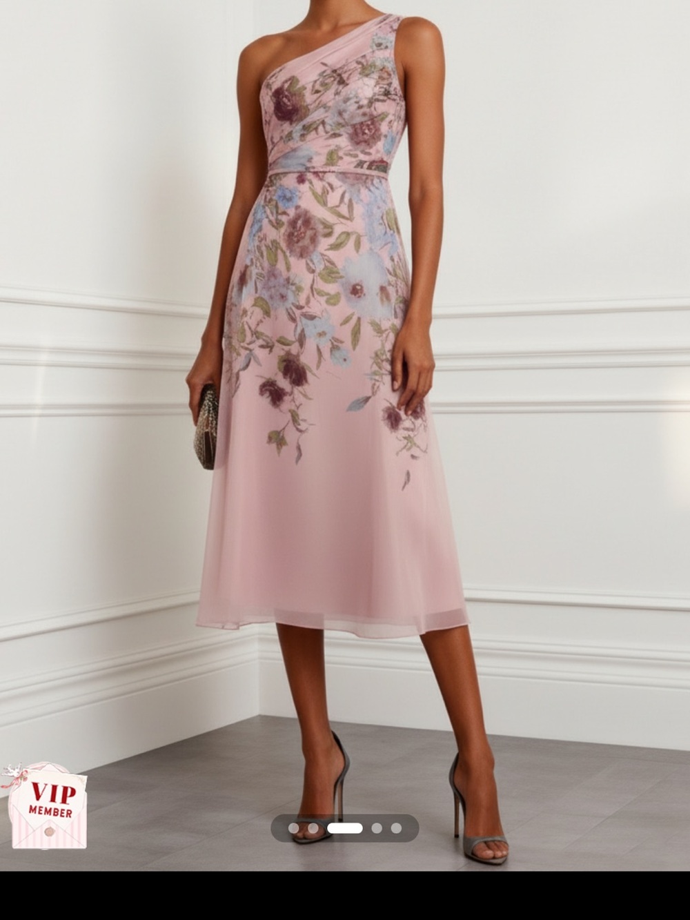 One-Shoulder Blush Pink Floral Midi Dress
